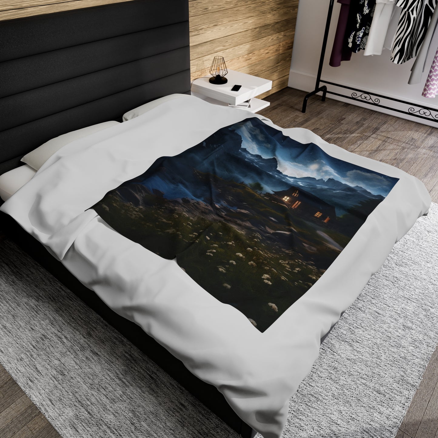Velveteen Plush Blanket Featuring a cabin in the mountains, cabin blanket, Cozy throw Blanket