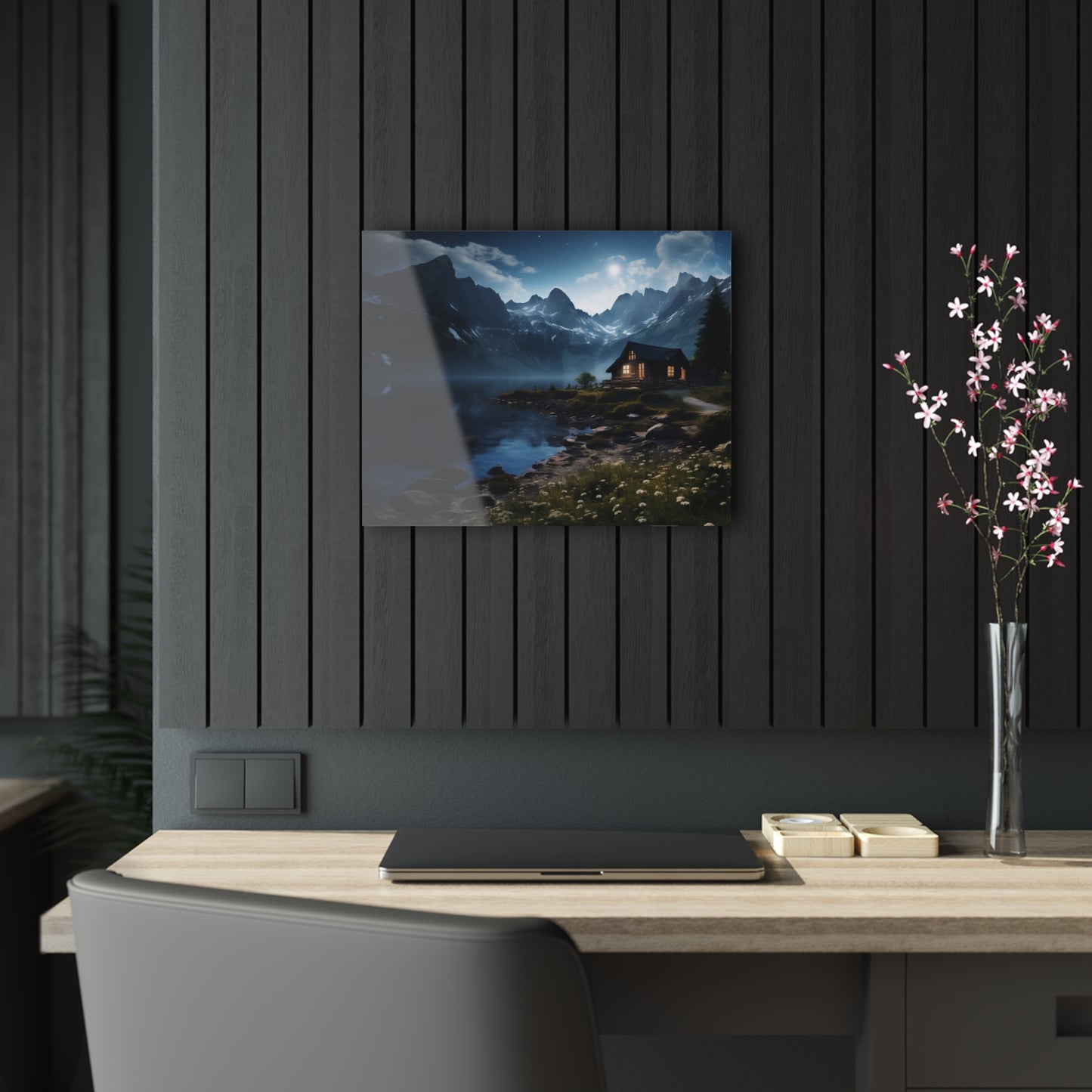 Beautiful Decor Acrylic Art. Featuring a solitary cabin on the water.