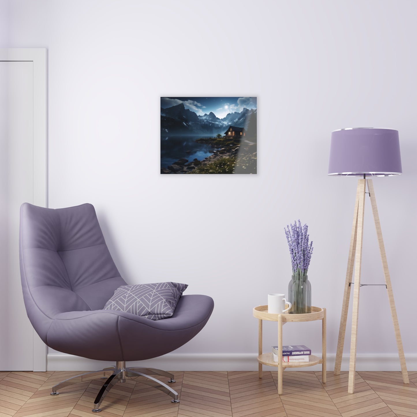 Beautiful Decor Acrylic Art. Featuring a solitary cabin on the water.